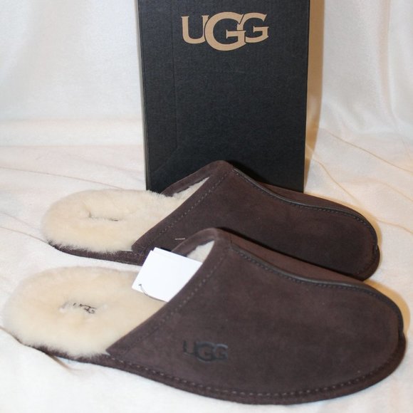 NIB UGG‎ MEN\'S SUEDE SHEARLING SLIP ON SCUFF SLIPPERS BROWN